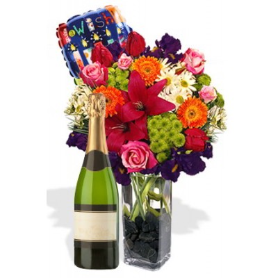 Mixed Bouquet Package , White Wine and Helium Balloon
